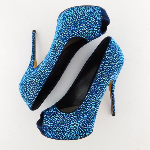 GUCCI Brilliant Blue Crystal Open Toe Heel Pumps 37.5 - Picture 5 of 11